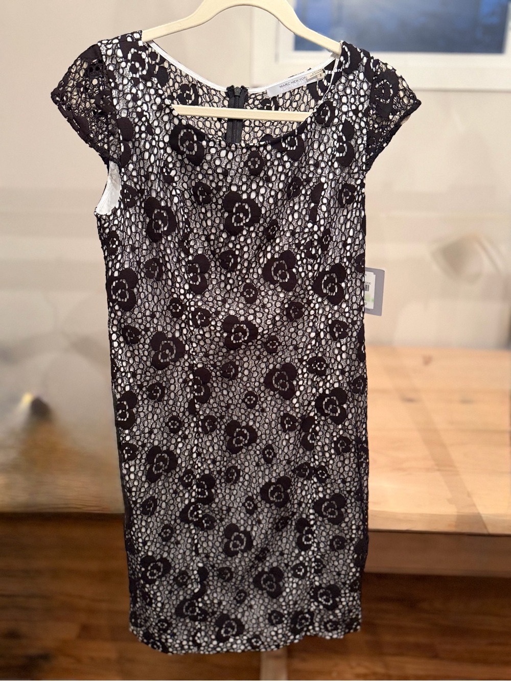 New Andrew Marc Black Lace Overlay Sheath Dress with white Underlayer